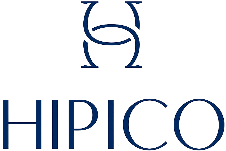 A dark blue logo featuring an abstract circular emblem above the word “HIPICO” in uppercase serif letters.